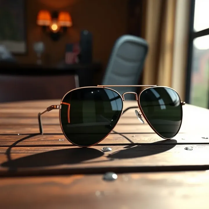 A stylish pair of aviator sunglasses resting on a wooden table with sunlight reflecting off the lenses