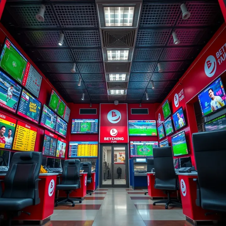 A vibrant betting shop interior showcasing various sports betting options and digital screens in Port Harcourt