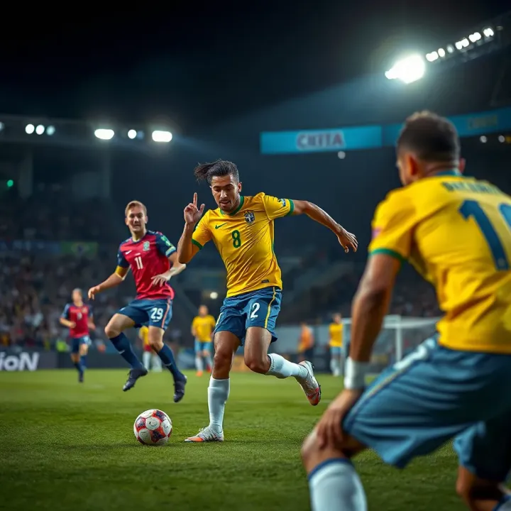 Brazil Serie A football players competing during a lively match under stadium lights