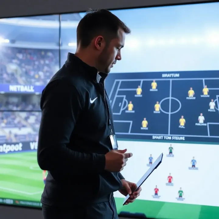 Football coach analyzing tactical moves on a digital board with team strategy visuals