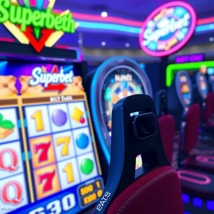 Colorful game interface showing Superbet Sugar Rush reels and symbols vibrant in a casino setting