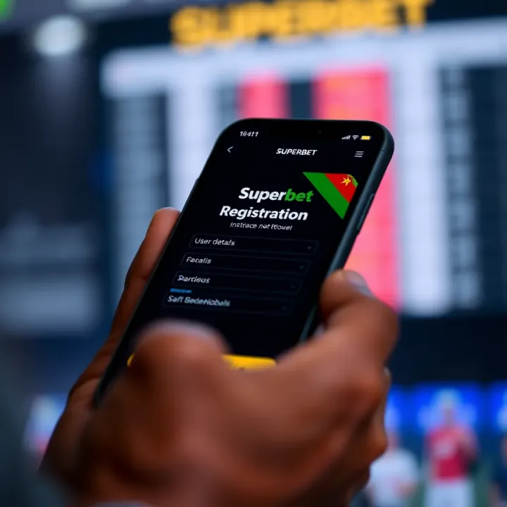 Mobile phone screen displaying the Superbet registration page with input fields for user details