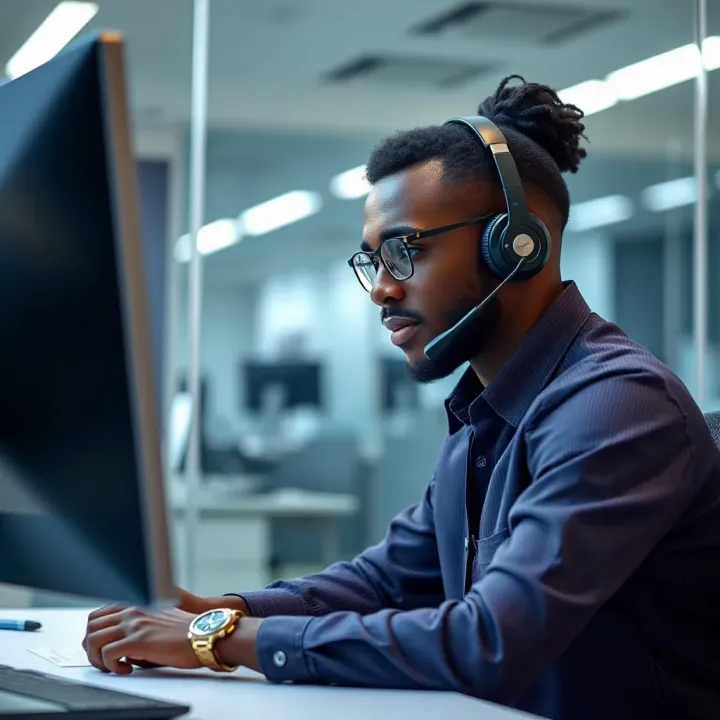 Customer support representative assisting a caller with headset in a bright office environment