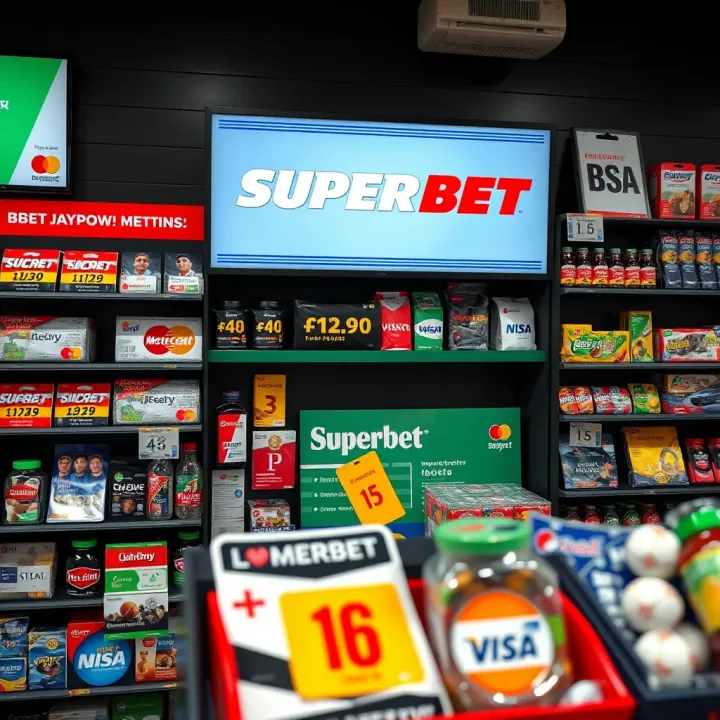 Display of diverse betting options and payment methods available at Superbet Sport Shop