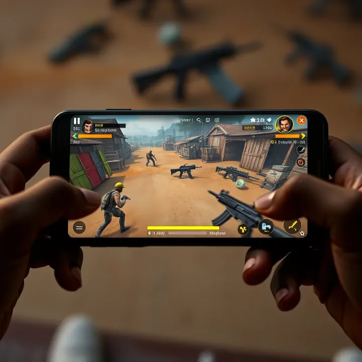 Mobile device displaying tactical gameplay with health bars and weapon icons