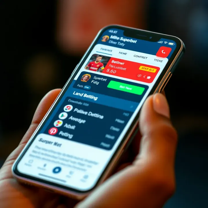 Mobile device displaying the Mlite Superbet app interface with betting options and navigation menu