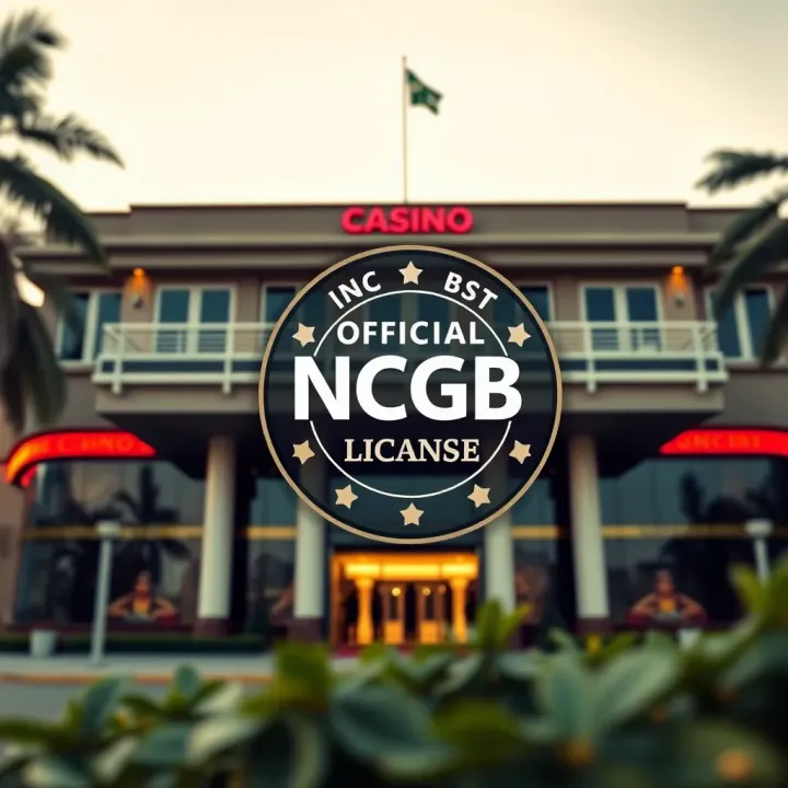 Illustration of a Nigerian casino building with a badge representing official NCGB licensing