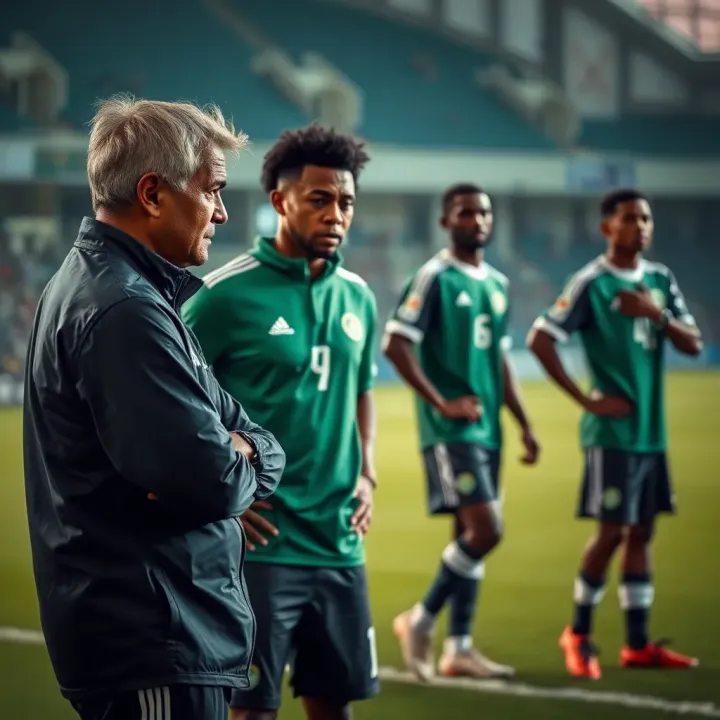 Coach giving tactical instructions to players during a football match