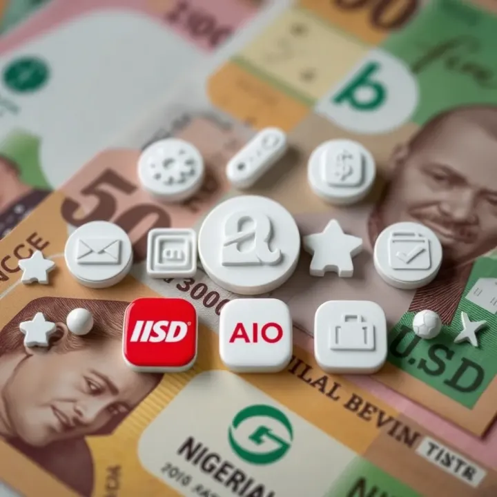 Various payment methods including USSD and e-wallet icons overlaid on Nigerian naira currency background