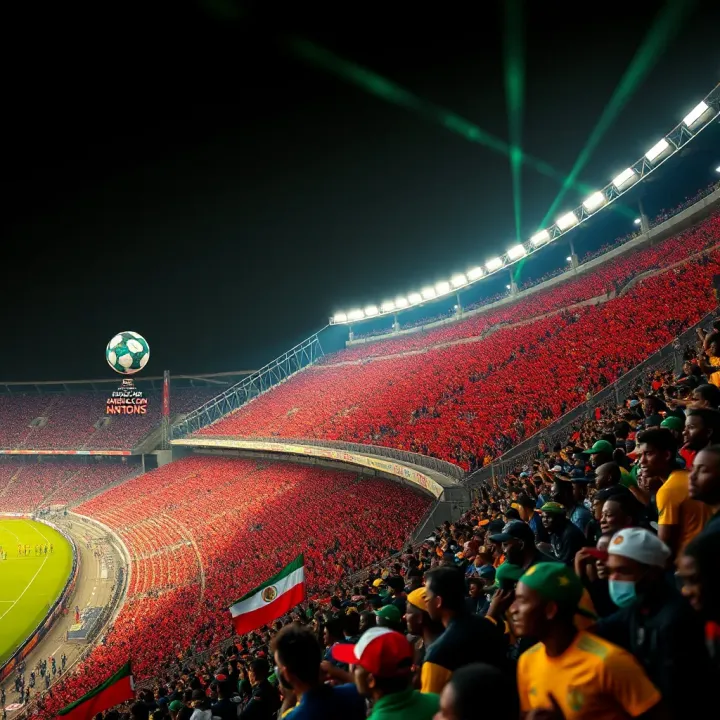 Football stadium filled with cheering fans during an intense Africa Cup of Nations match