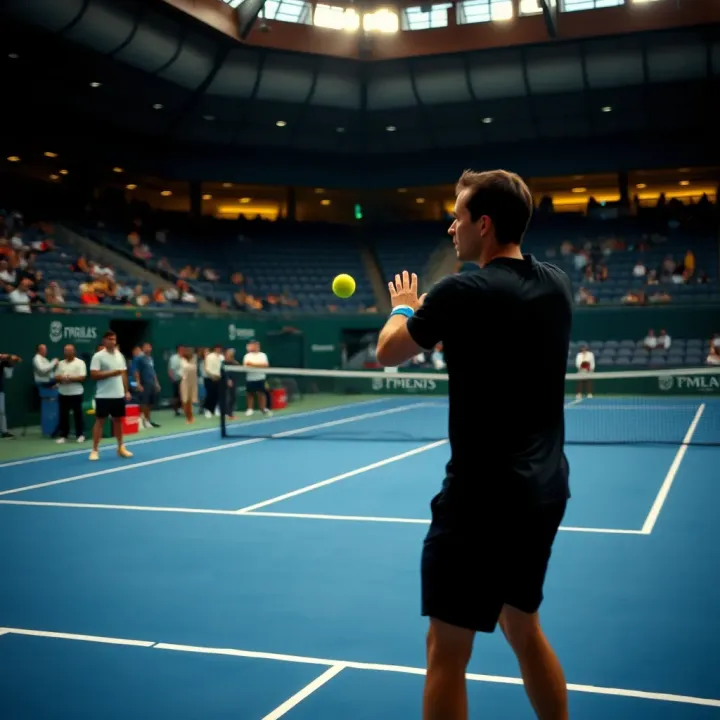 Action on Court at an ATP Tennis Tournament Tennis court with a player preparing to serve during an ATP tournament