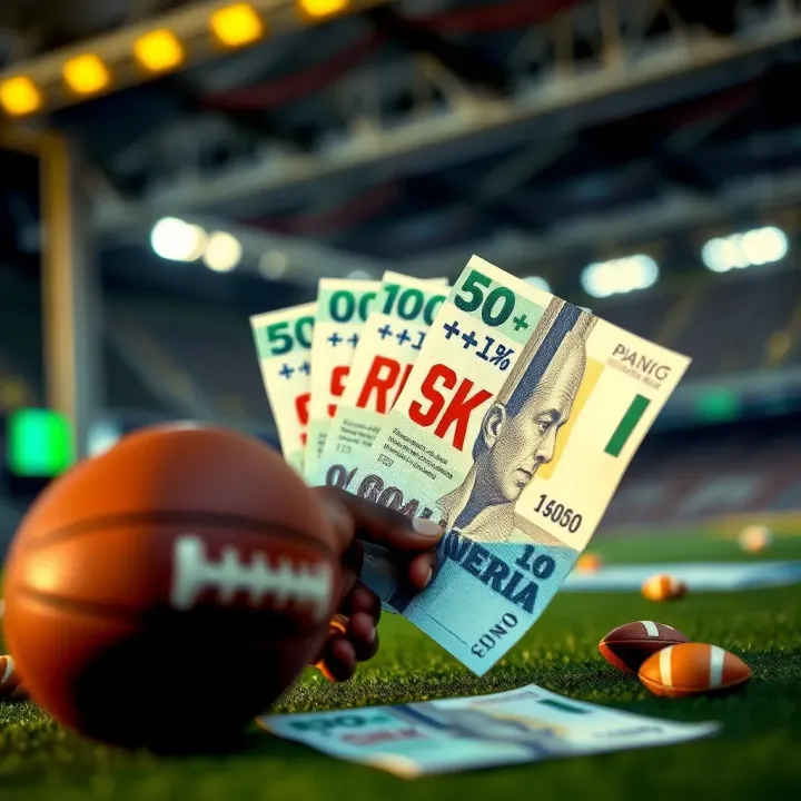 A conceptual graphic illustrating calculated risk management in sports betting with Nigerian currency symbols