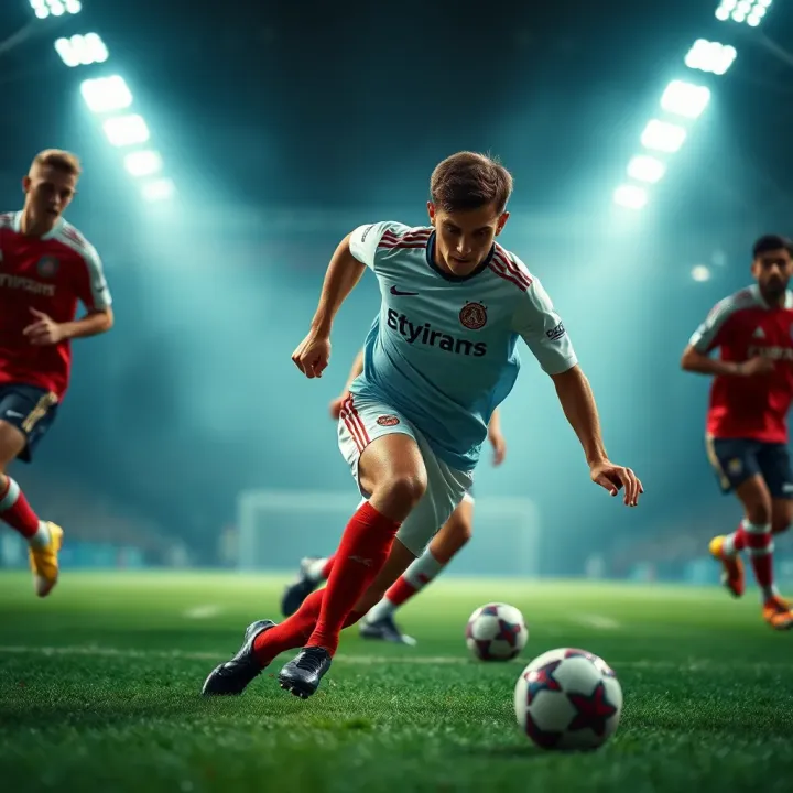 Close-up of a player skillfully dribbling the ball past defenders on the pitch
