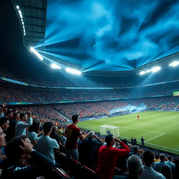 Football stadium filled with cheering fans under bright floodlights during an evening match