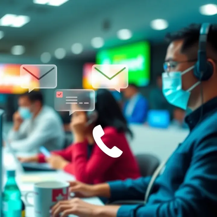 Illustration of multiple communication channels including email, phone, and chat icons for customer support
