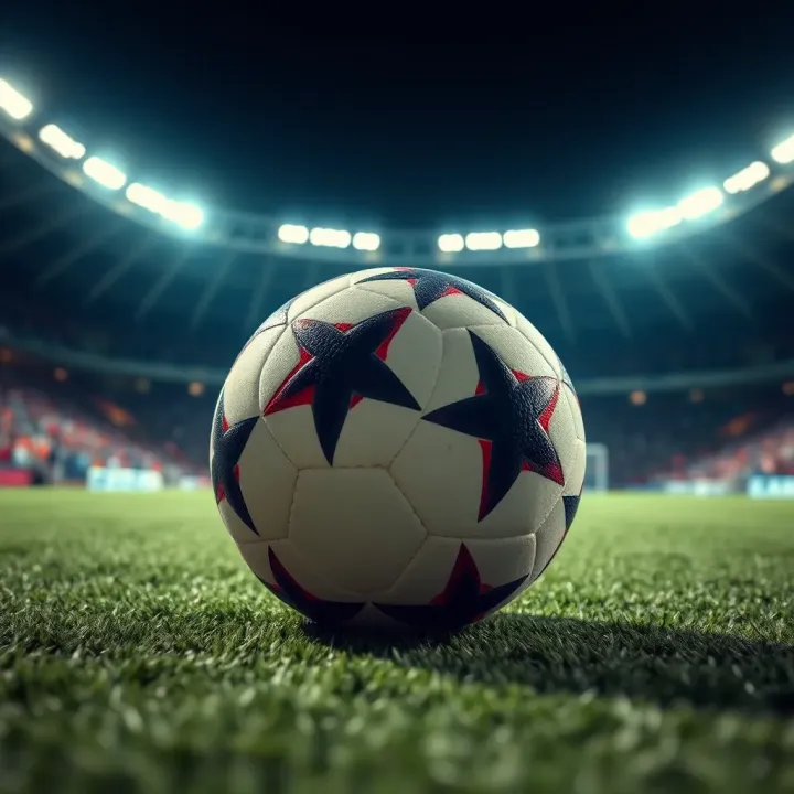Key Football on the Field Under Stadium Lights Close-up of a football on the pitch with stadium lights in the background