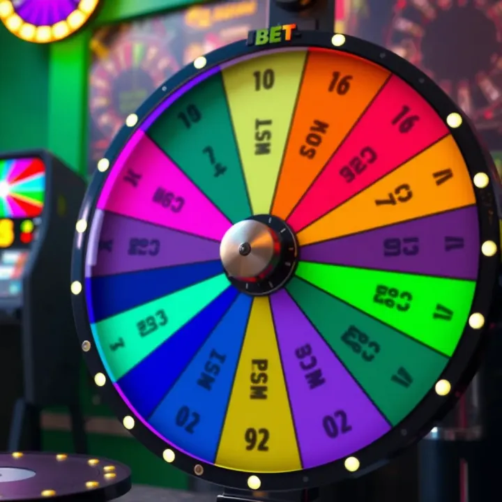 Colorful spinning wheel with marked segments representing different prize options in an online gaming platform