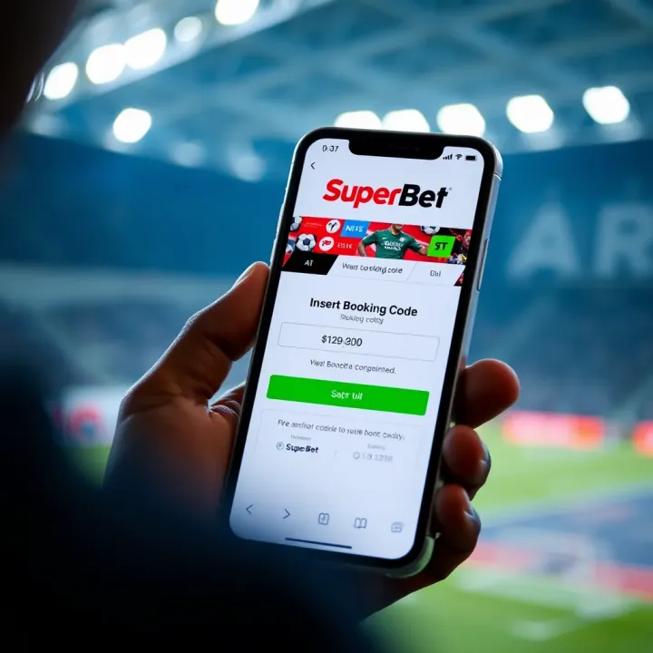 Mobile phone showing SuperBet app with booking code input screen