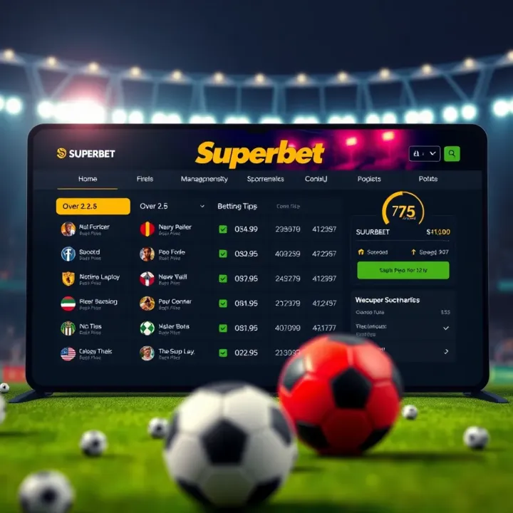 Superbet Platform Interface Featuring Over 2.5 Betting and Bankroll Tips Illustration of a digital betting platform interface highlighting Over 2.5 wager options and bankroll management tools