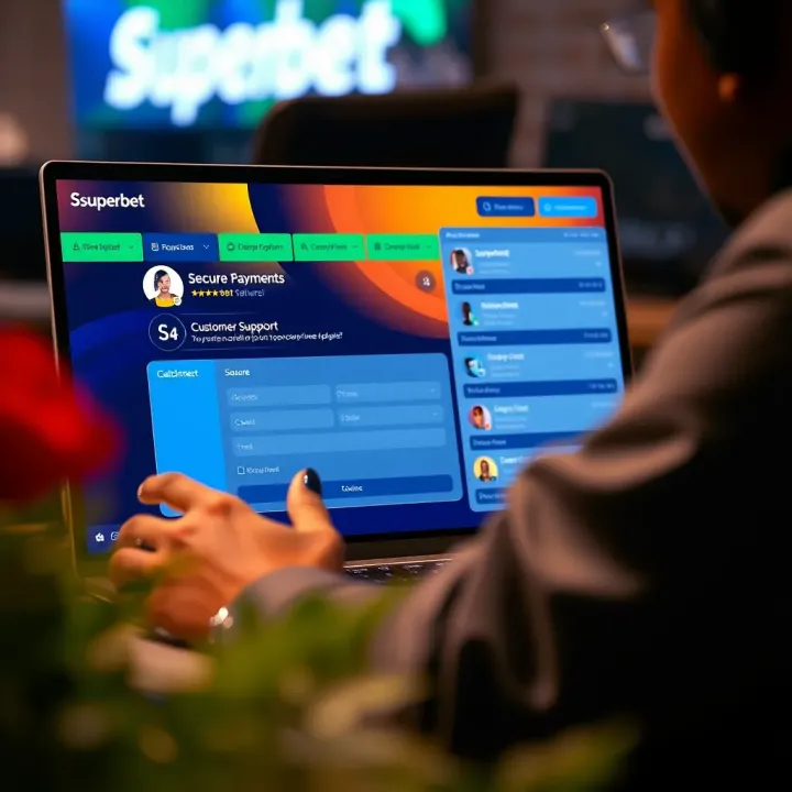 Secure Payments and Customer Support on Superbet Platform User interacting with Superbet platform on a laptop featuring secure payment options and customer support chat