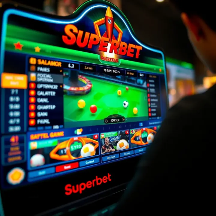 User interface displaying Superbet Rocketman game with dynamic graphics and betting options