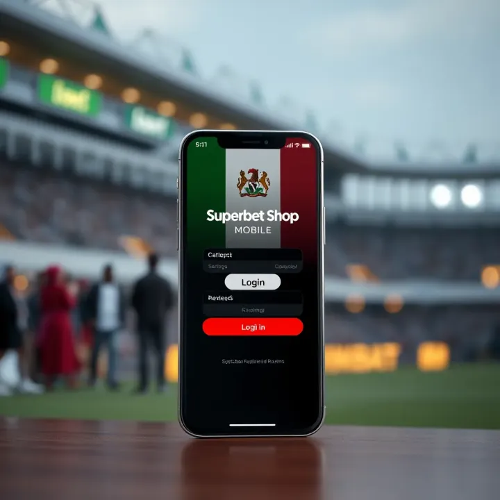 Superbet Shop Mobile Login Interface in Nigeria Mobile phone displaying Superbet Shop login screen with Nigerian flag colors