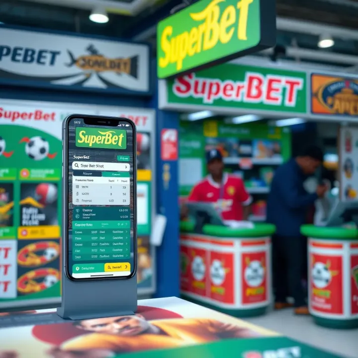The Evolution of SuperBet: From Physical Shops to Digital Platforms Digital interface showing a mobile betting app alongside traditional SuperBet shop counters in Nigeria