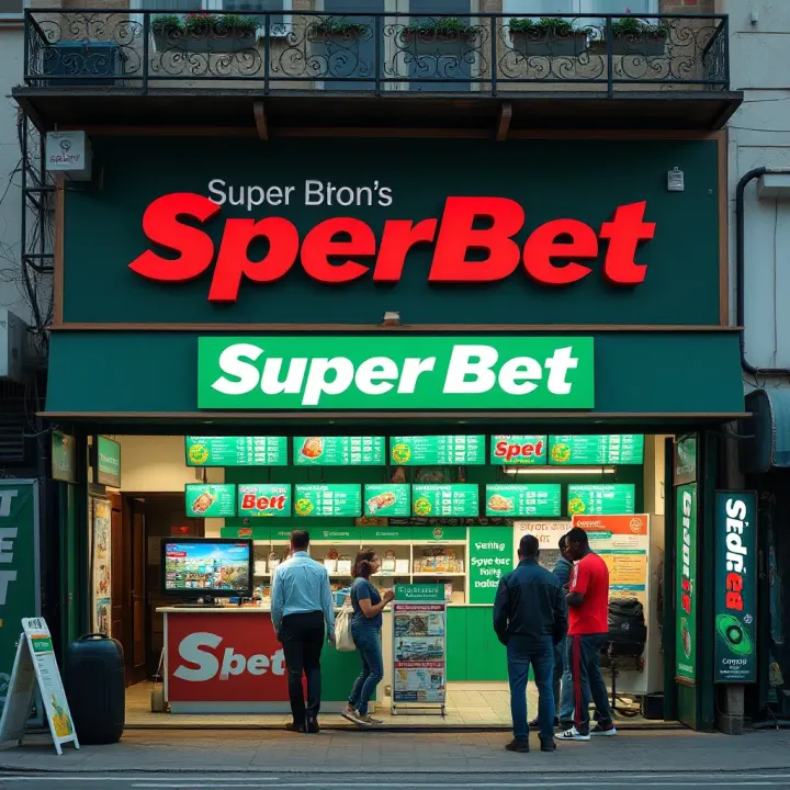 SuperBet Shop in Nigeria: A Hub for Betting Enthusiasts Exterior view of a bustling SuperBet shop with customers engaging in betting activities in Nigeria