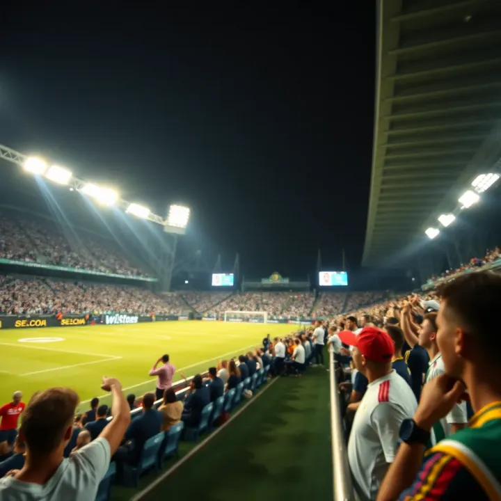 Football stadium under bright lights with fans cheering during a World Cup match