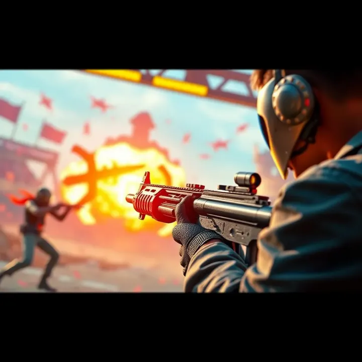 Character aiming with a futuristic weapon in a colorful multiplayer battlefield