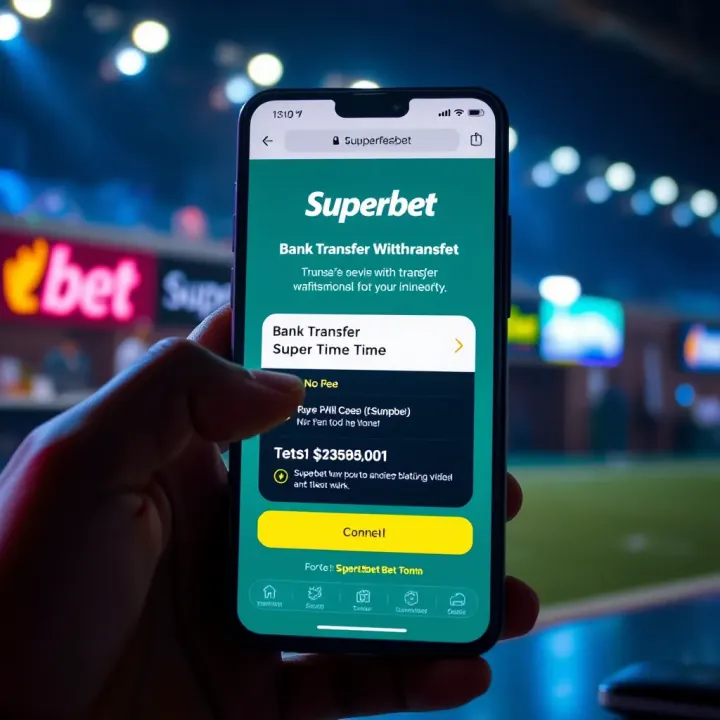 Illustration showing a mobile phone screen with a bank transfer transaction confirmation from Superbet app