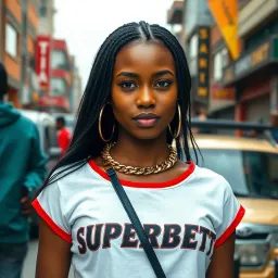 Promotion of the Superbet Trend in Nigerian Urban Culture Young woman promoting Superbet with vibrant urban background reflecting Nigerian youth culture