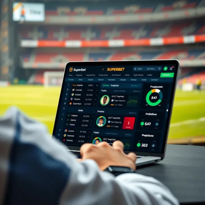 Screenshot of Superbet virtual football prediction software interface showing match statistics and prediction analytics