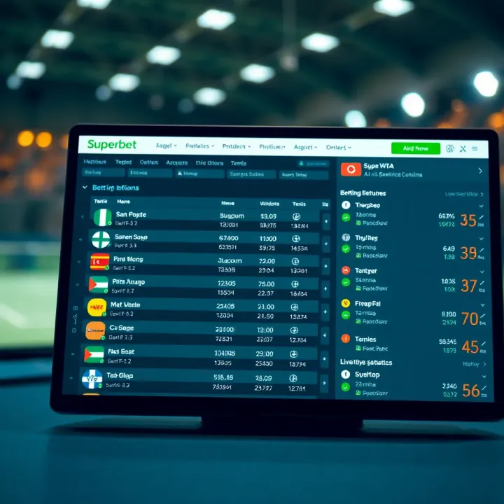 Digital interface showing Superbet tennis betting options and live match statistics